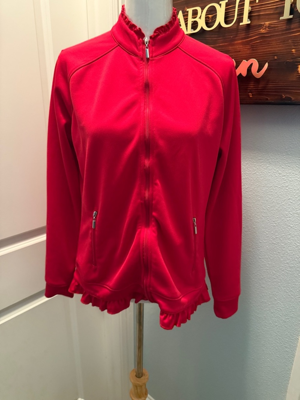 Women’s Red Zip-Up Jacket with Ruffle Hem